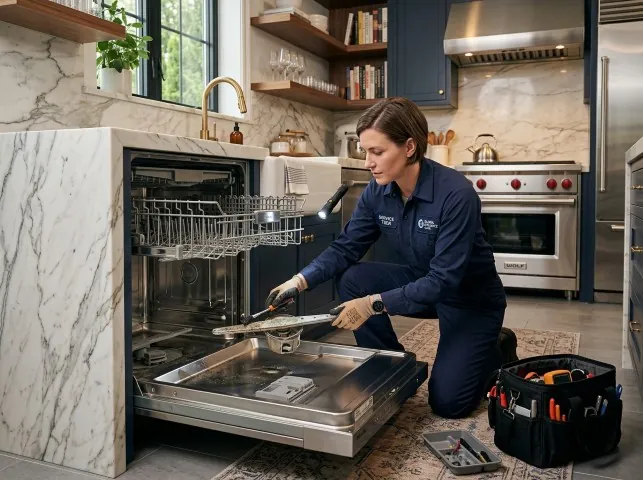 Appliance Repair Hero technician servicing a built-in dishwasher in a Naval Anacost Annex, DC kitchen