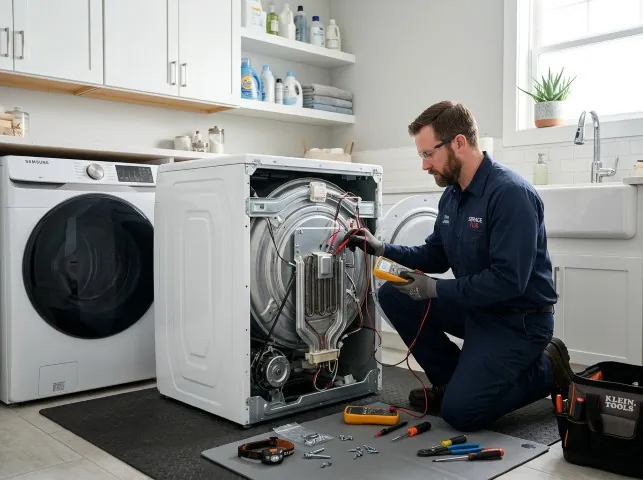 Appliance Repair Hero technician checking a dryer heating element with the rear panel off in Naval Anacost Annex, DC