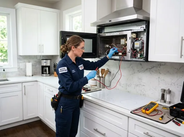 Appliance Repair Hero technician testing an over-the-range microwave in a Naval Anacost Annex, DC kitchen