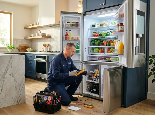 Appliance Repair Hero refrigerator technician testing a fridge on a Naval Anacost Annex, DC service call