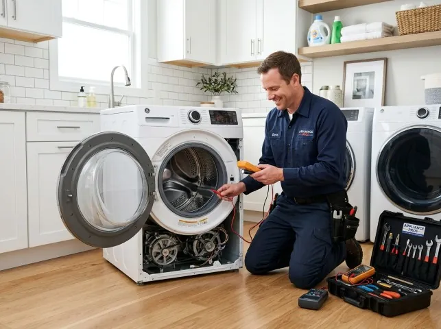 Appliance Repair Hero technician testing a front-load washer with a multimeter on a Naval Anacost Annex, DC service call